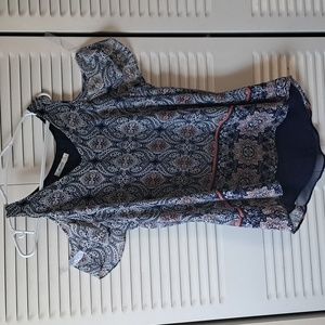 Sz M Navy/ White/Orange boho cold  shoulder chiffon, lined top